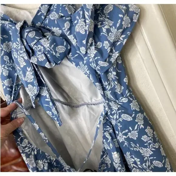 NWT Blue White Floral Spaghetti Strap Flowy Wide Leg Pantsuit Jumper Jumpsuit XL - Picture 11 of 16